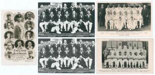 England, Australia and New Zealand Test and tour postcards 1926-1948. Five team postcards including a real photograph postcard of the England team v Australia for the 3rd Test, Headingley 1926, the players featured in cameo, J. Webb, Douglas Studio, Notti