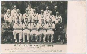&lsquo;M.C.C. South African Tour 1938-1939&rsquo;. &lsquo;Timeless Test&rsquo; tour. Sepia real photograph postcard of the M.C.C. touring party seated and standing in rows wearing cricket attire. Players include Hammond (Captain), Yardley, Farnes, Ames, Valentine, Edrich, Wright