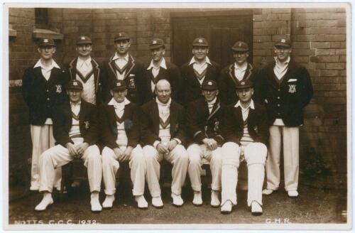 Nottinghamshire C.C.C. 1932. Sepia real photograph postcard of the Nottinghamshire team seated and standing in rows wearing county blazers and caps, with the captain, Arthur Carr to the centre, also Larwood, S.J. Staples, A. Staples, Lilley, Voce etc. Pho