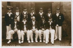 Nottinghamshire C.C.C. 1932. Sepia real photograph postcard of the Nottinghamshire team seated and standing in rows wearing county blazers and caps, with the captain, Arthur Carr to the centre, also Larwood, S.J. Staples, A. Staples, Lilley, Voce etc. Pho