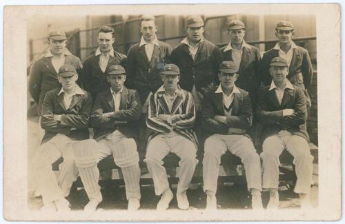 Derbyshire C.C.C. 1929. Original sepia postcard of the Derbyshire team seated and standing in rows wearing cricket attire. Players&rsquo; names on typed label laid down to verso are Jackson (Captain), Storer, Elliott, Lee, Bowden, Hutchinson, Mitchell, Smith, W