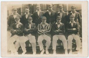 Derbyshire C.C.C. 1929. Original sepia postcard of the Derbyshire team seated and standing in rows wearing cricket attire. Players&rsquo; names on typed label laid down to verso are Jackson (Captain), Storer, Elliott, Lee, Bowden, Hutchinson, Mitchell, Smith, W