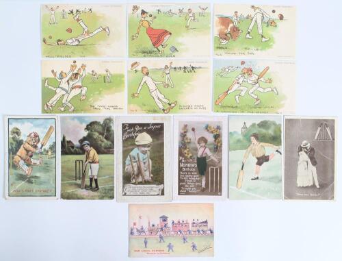 Comic and other cricket postcards 1907 onwards. An interesting and varied selection of humorous postcards. Includes two colour &lsquo;Rajar Bromide&rsquo; real photograph birthday postcards, one of a young boy in bowling pose, the other of a toddler crouching in wick