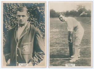 Surrey C.C.C. Two Godfrey Phillips &lsquo;Pinnace&rsquo; premium issue cabinet size mono real photograph plain back trade cards of [J.]W. Hitch (Surrey & England 1907-1925), half length wearing M.C.C. touring blazer, no. 18.C, and [H.]A. Peach (Surrey 1919-1931) in b