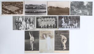 Cricket teams, players and grounds. Ten original postcards of which seven are real photographs. Individuals depicted are Ranjitsinhji in batting pose, Foster of Brighton, fading to image. G.L. Jessop in batting stance, Wrench Series no. 1688, postmarked 1