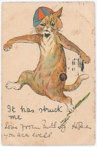 Cricketing cat. Louis Wain. c.1905. Colour comic postcard of a cartoon cat wearing a blue and red cap, being struck by a cricket ball, with title &lsquo;It has struck me&rsquo;. Artwork by Louis Wain. Ink annotation to front. Postmarked 1905. Minor soiling, slight ro