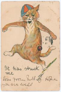 Cricketing cat. Louis Wain. c.1905. Colour comic postcard of a cartoon cat wearing a blue and red cap, being struck by a cricket ball, with title &lsquo;It has struck me&rsquo;. Artwork by Louis Wain. Ink annotation to front. Postmarked 1905. Minor soiling, slight ro