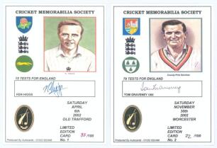 &lsquo;Cricket Memorabilia Society (C.M.S.) collectors&rsquo; cards. Complete run of signed autograph cards from no. 1, Ken Higgs, to no. 136, Phil Neale, contained in three official C.M.S. brown cloth albums. The series limited to an issue of one hundred copies of e