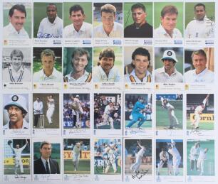 Collectors&rsquo; cards, postcards and beer mats. Blue album comprising a comprehensive collection of over two hundred and thirty collectors&rsquo; cards, over half of which are signed by the featured player(s). Series include Classic Cricket Cards &lsquo;International Cri