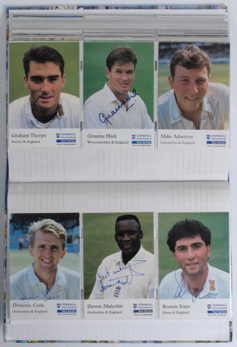 Signed cricket collectors&rsquo; cards 1980s onwards. Album comprising a large selection of over one hundred and thirty signed collectors&rsquo; cards, the odd postcard etc. Includes over fifty Cornhill Insurance Test Series cards (various series), eleven T.C.C.B./ E