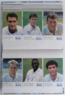 Signed cricket collectors&rsquo; cards 1980s onwards. Album comprising a large selection of over one hundred and thirty signed collectors&rsquo; cards, the odd postcard etc. Includes over fifty Cornhill Insurance Test Series cards (various series), eleven T.C.C.B./ E