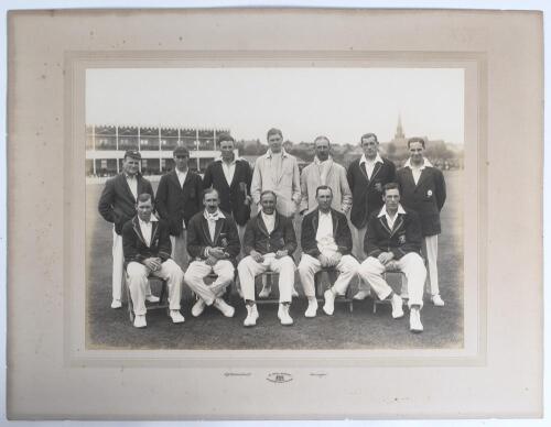 England v South Africa 1924. Large official original mono photograph of the England team who played South Africa in the first Test, played at Edgbaston 14th- 17th June 1924, the players seated and standing in rows wearing cricket attire and blazers. Playe