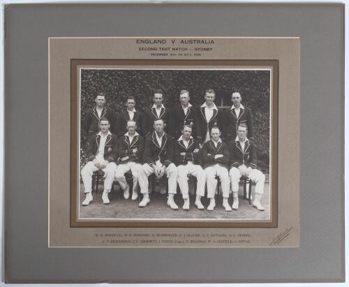 &lsquo;England v Australia. Second Test Match- Sydney&rsquo; 1928. Original mono photograph of the Australian team for the 2nd (timeless) Test, Sydney, 14th- 20th December 1928, the players seated and standing in rows wearing cricket attire and Test blazers. Players 