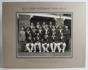 Bodyline&rsquo;. &lsquo;M.C.C. Team- Australian Tour- 1932-33&rsquo;. Large and impressive official mono photograph of the M.C.C. touring party who toured Australia in 1932/33. The team, standing and seated in rows, wearing M.C.C. touring blazers and cricket attire. The ph