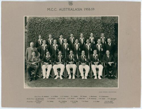 M.C.C. tour to Australia 1958/59. Official mono photograph of the M.C.C. touring party seated and standing in rows wearing tour blazers. The photograph by Allan Studios, Collingwood (Melbourne) measures 10&rdquo;x7.5&rdquo;, laid to official photographer&rsquo;s mount with