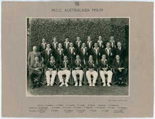 M.C.C. tour to Australia 1958/59. Official mono photograph of the M.C.C. touring party seated and standing in rows wearing tour blazers. The photograph by Allan Studios, Collingwood (Melbourne) measures 10&rdquo;x7.5&rdquo;, laid to official photographer&rsquo;s mount with