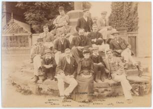 &lsquo;Old Reptonians 1891&rsquo;. Original sepia photograph of the team seated and standing on the stone steps of a memorial, presumably at Repton School. Hand written title and players&rsquo; names in ink to lower portion of the image. Notable players featured include C.