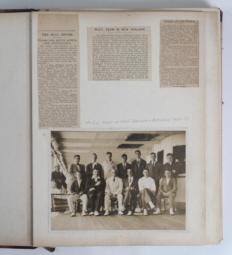 A.C. MacLaren&rsquo;s M.C.C. tour to Australia and New Zealand 1922/23. Large scrap/ photograph album comprising a good selection of original photographs and book extract scorecards and cuttings relating to the tour. Over thirty photographs are laid down to pag