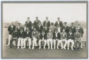 Australia tour to England 1926. Derbyshire v Australians. Original mono photograph of the two teams for the drawn tour match played at Chesterfield, 23rd & 24th June 1926. The players and officials seated and standing in rows wearing cricket attire, caps 