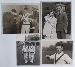 Nottinghamshire C.C.C. 1920s/1930s. Mono press photograph of Bill Voce walking out to bat with Hedley Verity at Scarborough in the 1930s.