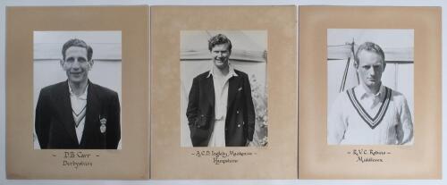 Cricketers&rsquo; photographs late 1950s. Three original mono photographs of cricketers by Walkers Studio of Scarborough. Players featured are D.B. Carr (Derbyshire), A.C.D. Ingleby-Mackenzie (Somerset) and R.V.C. Robins (Middlesex), each depicted half length w