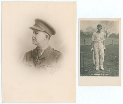 Pelham Francis &lsquo;Plum&rsquo; Warner. Middlesex, Oxford University & England 1894-1929. Excellent sepia studio portrait photograph of Warner in cameo, head and shoulders wearing army uniform, dated to verso 1917. The photograph with the official stamp and signed 