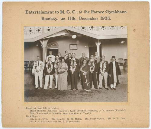 Bryan Herbert Valentine. Kent, Cambridge University & England 1927-1948. M.C.C. tour of India & Ceylon 1933-34&rsquo;. &lsquo;Entertainment to M.C.C. at the Parsee Gymkhana, Bombay on 11th December 1933&rsquo;. Official photograph of members of the M.C.C. team who are wear