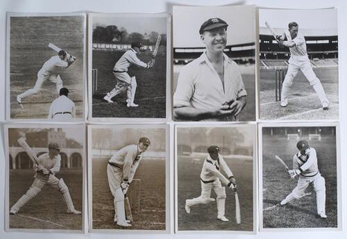 Australian cricketers 1926-1948. Eight original mono press photographs of Australian cricketers. Players featured in batting pose or match action include, from the 1926 tour to England, Herbie Collins and Charlie Macartney, from the 1934 tour Bill O&rsquo;Reill