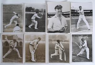Australian cricketers 1926-1948. Eight original mono press photographs of Australian cricketers. Players featured in batting pose or match action include, from the 1926 tour to England, Herbie Collins and Charlie Macartney, from the 1934 tour Bill O&rsquo;Reill