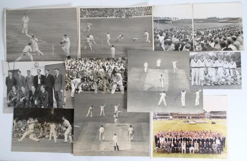 The Ashes. England v Australia 1953-1980. Eleven large original mono (one colour) press photographs of action, crowd scenes and team photographs from Ashes series of the period. From the 5th Test at The Oval in 1953, Bill Edrich in batting action for Engl
