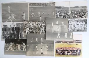 The Ashes. England v Australia 1953-1980. Eleven large original mono (one colour) press photographs of action, crowd scenes and team photographs from Ashes series of the period. From the 5th Test at The Oval in 1953, Bill Edrich in batting action for Engl