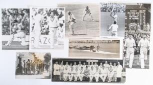 Test and tour match photographs 1939-1982. A good selection of seventeen original mono press photographs of matches, players, teams etc. Includes a mono photograph of the teams for a charity match played at Filleigh C.C., Devon, in 1952. Notable players f