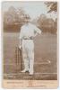 Edward Mark Sprot. Hampshire 1898-1914. Original sepia cabinet card photograph of Sprot, full length in batting attire and Hampshire cap, stood at the wicket. Name printed to lower edge of photograph. E. Hawkins & Co. of Brighton. Card measures 4.25&rdquo;x6.25