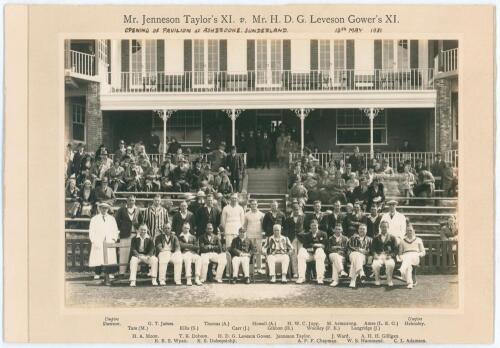 &lsquo;Mr. Jenneson Taylor&rsquo;s XI v. Mr. H.D.G. Leveson Gower&rsquo;s XI&rsquo; 1931. Original mono photograph of the teams seated and standing in rows wearing cricket attire and assorted blazers in front of the pavilion with spectators seated behind. The match was played 13
