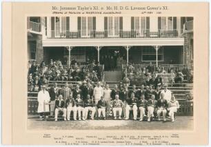 &lsquo;Mr. Jenneson Taylor&rsquo;s XI v. Mr. H.D.G. Leveson Gower&rsquo;s XI&rsquo; 1931. Original mono photograph of the teams seated and standing in rows wearing cricket attire and assorted blazers in front of the pavilion with spectators seated behind. The match was played 13