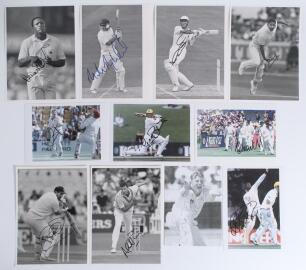 England v Australia 1990s/ 2000s. Green file comprising over forty original colour and mono press photographs and magazine extracts featuring England and Australia Test cricketers, the majority in match action. Includes eleven signed by the featured playe