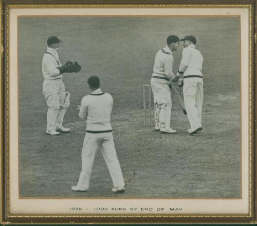 William John &lsquo;Bill&rsquo; Edrich. Middlesex & England 1937-1958. &lsquo;1938: 1000 Runs By End of May&rsquo;. Original mono press photograph of Edrich being congratulated by Don Bradman with Australia wicketkeeper Walker and Fleetwood-Smith looking on applauding. Edrich re