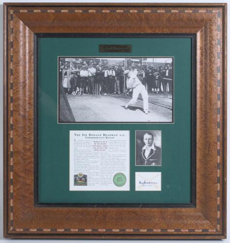Don Bradman. &lsquo;Commemorative Release&rsquo; comprising mono copy photographs of Bradman in the nets at Perth, 1930, and head and shoulders portrait, window mounted with a printed biography and ink signature of Bradman, signed in later years. Published by the Bra