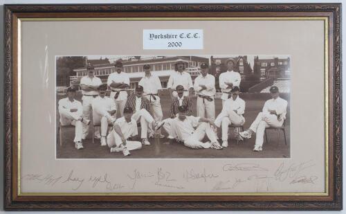 Yorkshire C.C.C. 2000. Sepia photograph of the Yorkshire team dressed in Edwardian cricket clothes and posing in an Edwardian style. Mounted and signed to border by twelve of the players featured. Signatures include Vaughan, Hoggard, Gough, Byas, Sidebott