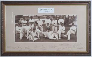 Yorkshire C.C.C. 2000. Sepia photograph of the Yorkshire team dressed in Edwardian cricket clothes and posing in an Edwardian style. Mounted and signed to border by twelve of the players featured. Signatures include Vaughan, Hoggard, Gough, Byas, Sidebott