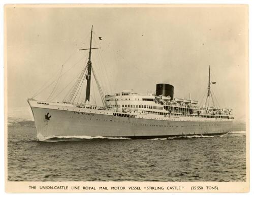M.C.C. tour to Australia 1946/47. Official Union-Castle Line R.M.V. &lsquo;Stirling Castle&rsquo; photograph of the ship that took the M.C.C. to Australia for the 1946/47 tour. Signed to the verso in ink by all seventeen playing members of the touring party. Signatur