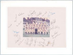 Nottinghamshire C.C.C. c.1981. Colour photograph of the Nottinghamshire team laid to card mount, the mount signed in ink by twenty four members of the Nottinghamshire playing staff. Signatures include Clive Rice, Peter Such, Tim Robinson, Basher Hassan, E