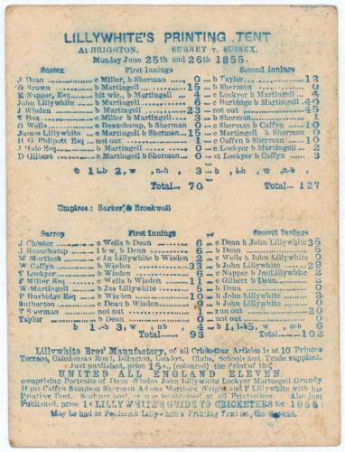 &lsquo;Sussex v Surrey at Brighton 1855. Very early double sided scorecard printed by &lsquo;Lillywhite&rsquo;s Printing Tent for the match played at the Royal Brunswick Ground, Hove on the 25th & 26th June 1855. The scorecard showing the fully completed printed scores for