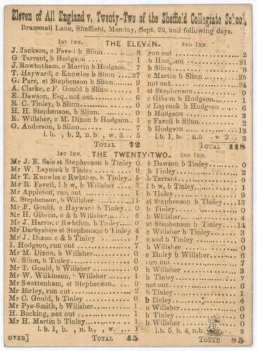 &lsquo;Eleven of All England v Twenty-two of the Sheffield Collegaite School&rsquo; 1862. Early original two sided scorecard with complete printed scores for the match played at Brammall Lane, Sheffield, 22nd-24th September 1862. The All-England Eleven included Jacks