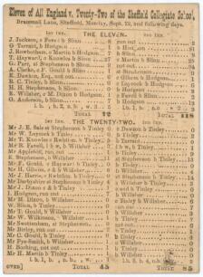 &lsquo;Eleven of All England v Twenty-two of the Sheffield Collegaite School&rsquo; 1862. Early original two sided scorecard with complete printed scores for the match played at Brammall Lane, Sheffield, 22nd-24th September 1862. The All-England Eleven included Jacks