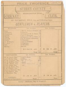&lsquo;Gentlemen v. Players&rsquo; 1875. Early original scorecard with incomplete printed and handwritten scores in pencil, for the match played at Kennington Oval, July 1st and following days. Players included Jupp, Lockwood, Ulyett, Pooley, Shaw for the Players, W.
