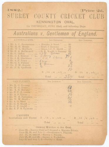 Australia tour to England 1882. &lsquo;Australians v. Gentlemen of England&rsquo;. Early original double sided scorecard for the match played at the Kennington Oval, 22nd June and following days... The scorecard with incomplete and pencil printed scores. The Gentleme