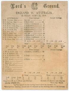 Australia tour to England 1896. &lsquo;England v. Australia&rsquo;. Early original double sided scorecard with incomplete printed scores for the first Test, Lord&rsquo;s 22nd - 24th June 1895. In a topsy-turvy match, Australia may have regretted their decision to bat first
