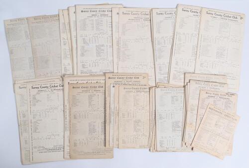 Surrey scorecards 1901-1939. A good selection of over sixty official Surrey scorecards for County Championship, tour, university and other matches played at Kennington Oval, the majority with complete printed and/ or handwritten scores. Includes tour matc