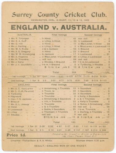 Australia tour to England 1902. &lsquo;England v. Australia&rsquo;. Fifth Test. &lsquo;Jessop&rsquo;s Match&rsquo;. Early original double sided scorecard with fully completed printed scores for the 5th Test at Kennington Oval, 11th- 13th August 1902. With Australia 2-0 ahead and the s